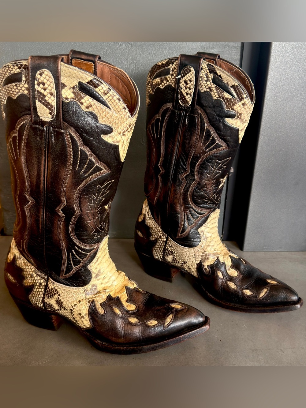 Vintage Handmade Montana Boot Co. Mad Dog Goat Leather and Python Boots - Sz 8B